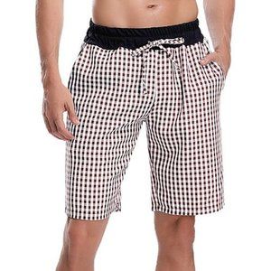 NEW NWT Brown Checked Mens Sz Small Elastic Waist Pull On Sleep Shorts Pockets